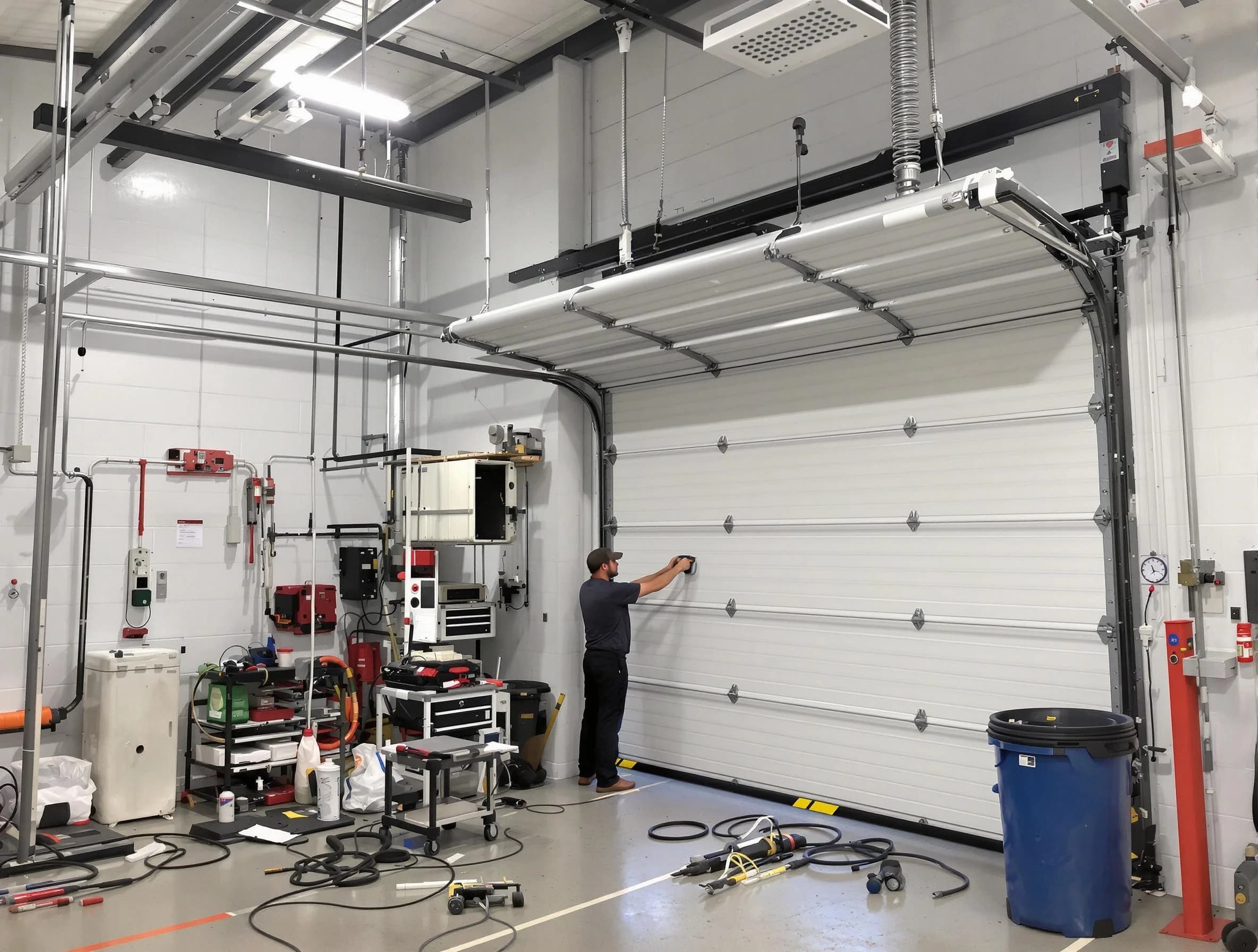 Revere Garage Door Repair certified technician performing commercial door repair at a Revere business facility