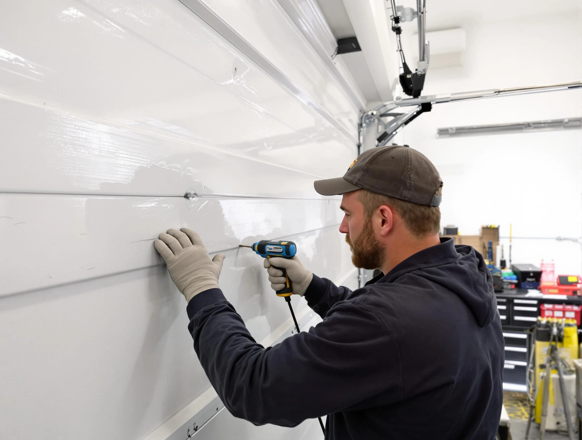 Revere Garage Door Repair technician demonstrating precision dent removal techniques on a Revere garage door