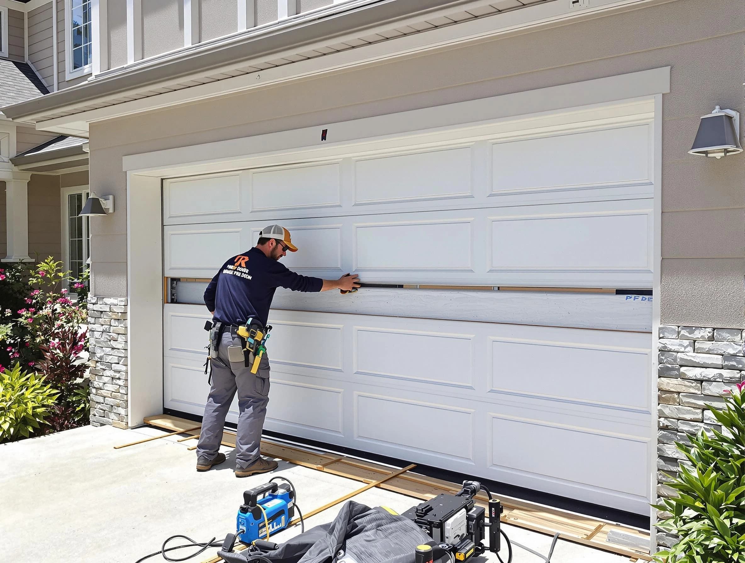 Revere Garage Door Repair team performing complete garage door replacement at Revere residence