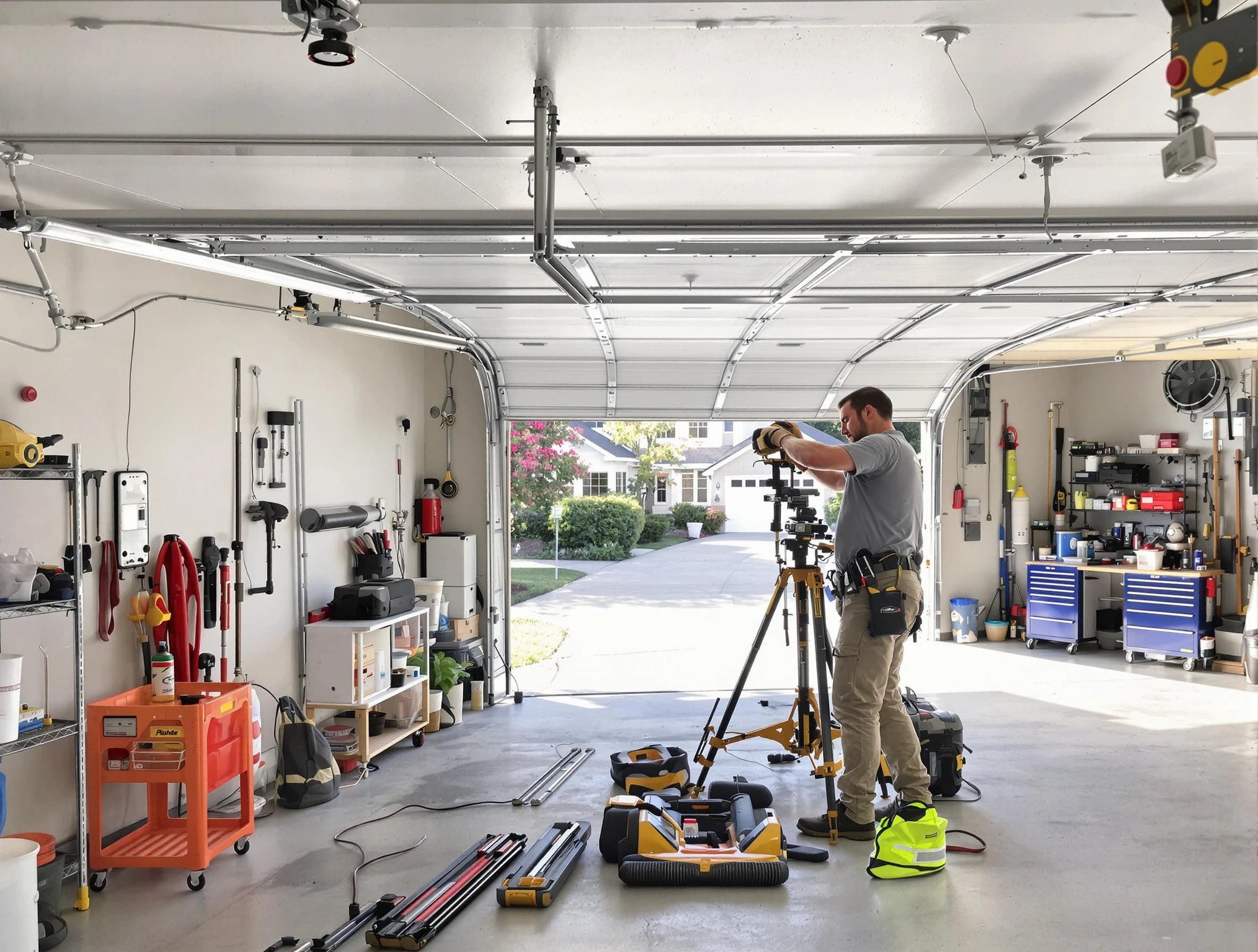 Revere Garage Door Repair specialist performing laser-guided track alignment in Revere